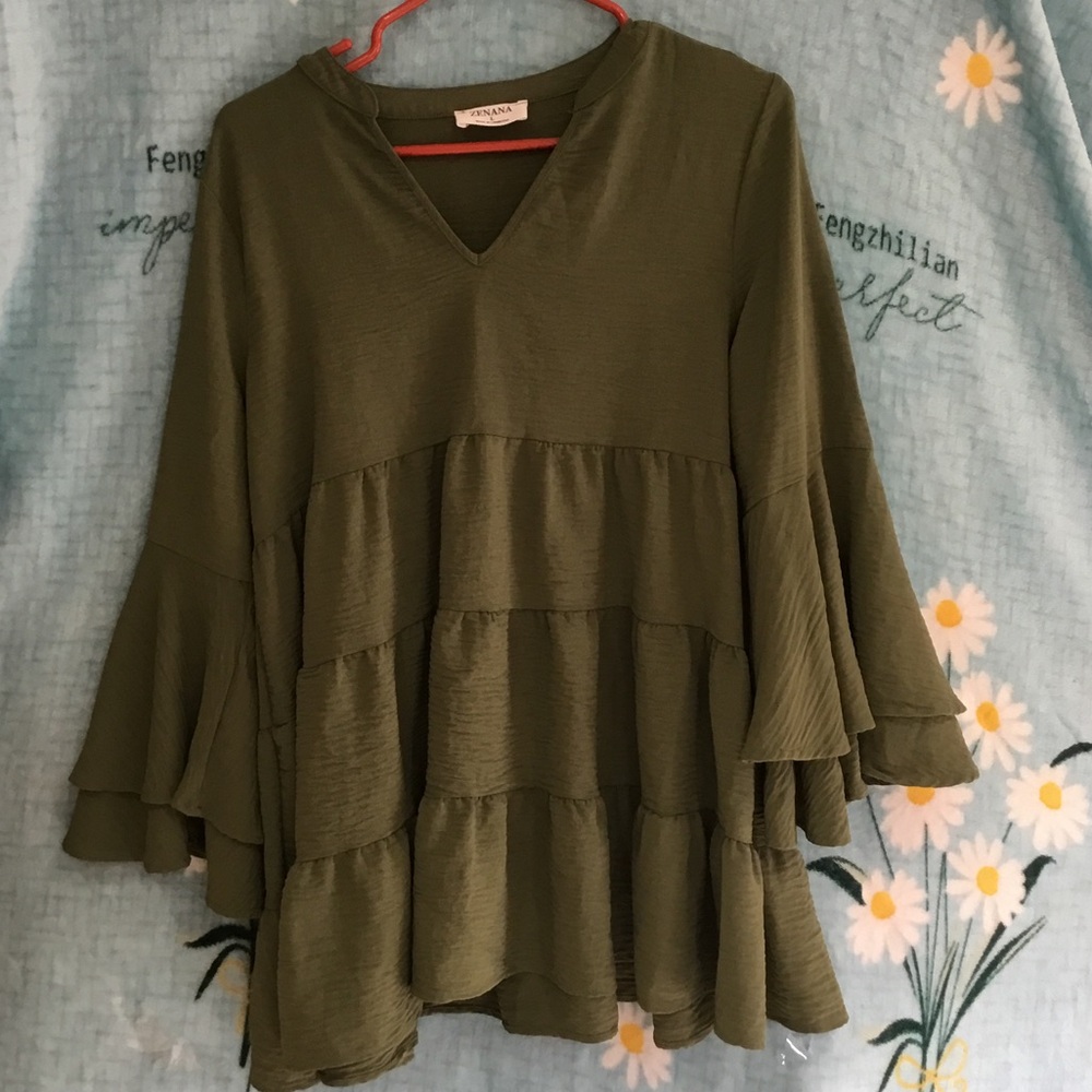 Zenana Outfitters Olive Tiered V-Neck Ruffle Sleeve Tunic